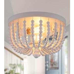Q&S White Flush Mount Ceiling Light Fixtures,2-Lights Wood Beaded Boho Chandeliers for Nursery Baby Bedroom Dining Room Living Room Kitchen Hallway W11.81