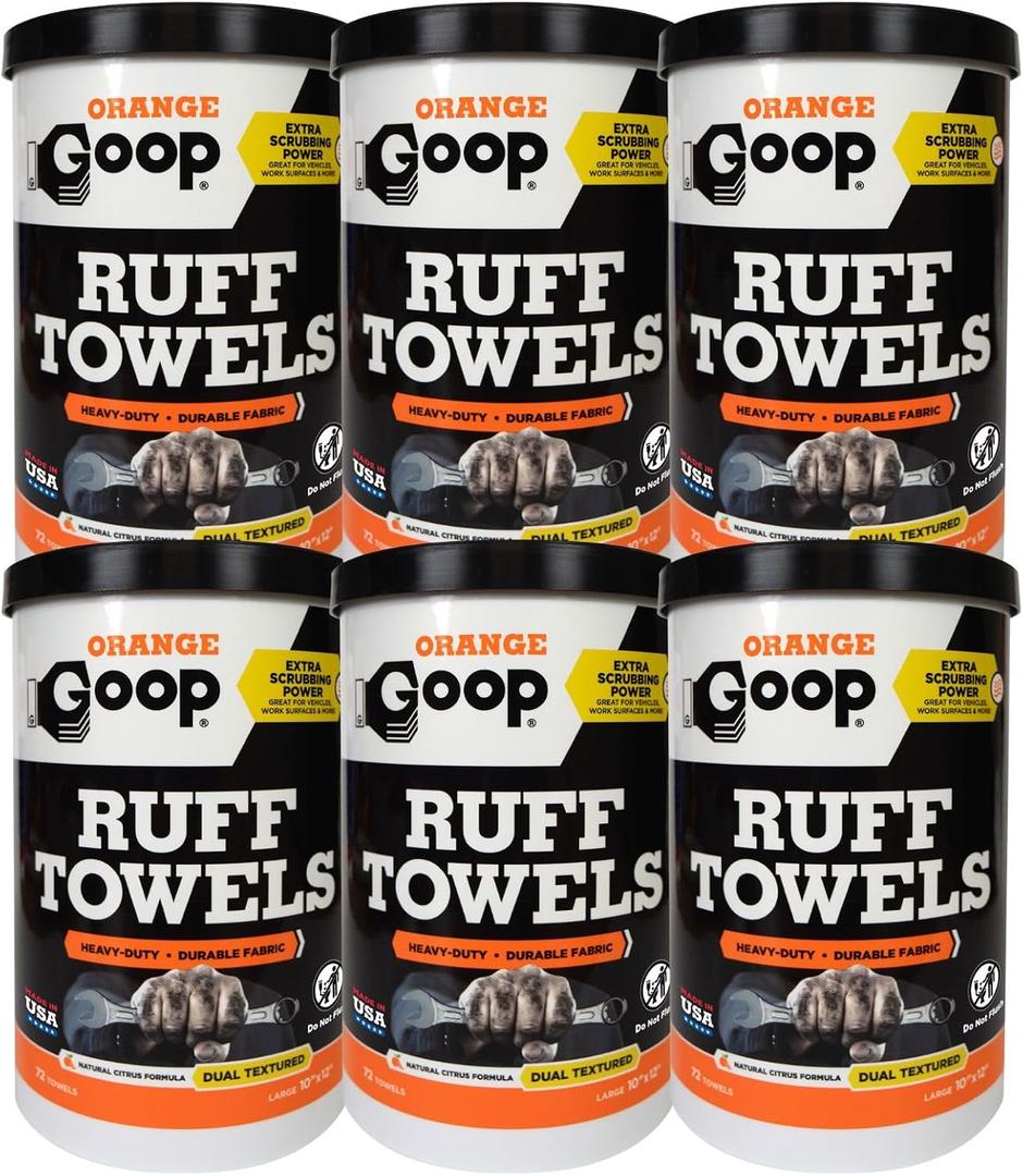 GOOP Heavy Duty Ruff Towels with Scrubbing Power, 10” x 12” Dual Textured Multi-Purpose Cleaning Wipes, Removes Dirt, Grease, Oil - 6 Pack