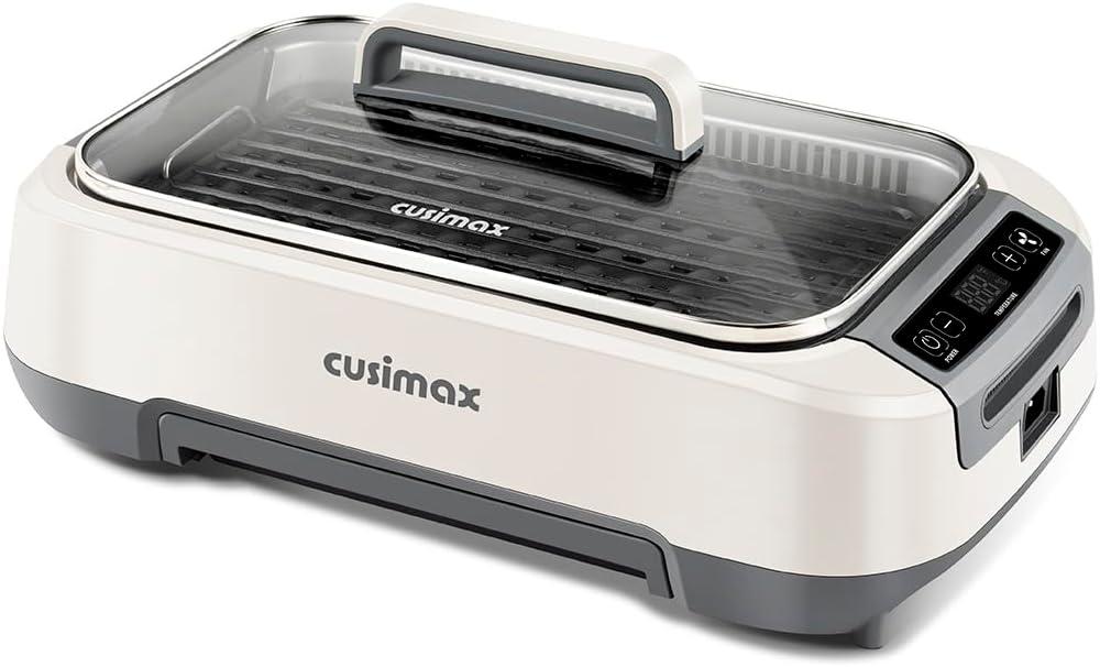 CUSIMAX Smokeless Grill, Korean Grill, 1500W Electric BBQ Grill with Tempered Glass Lid & LED Smart Display, Non-stick Removable Grill Plate, Off-White