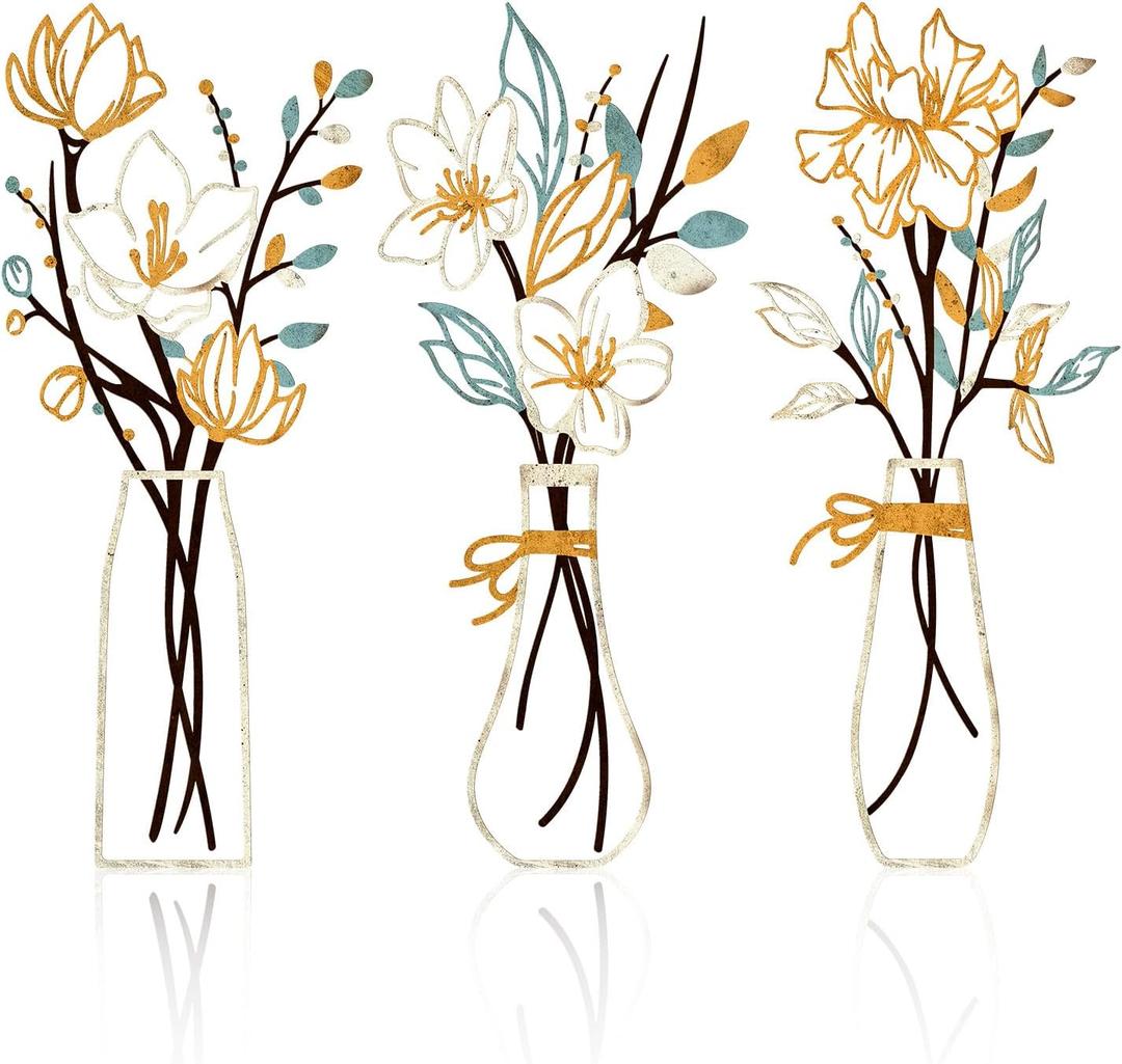 Zzbakress 3 Pcs Metal Flowers Wall Arts Rustic Farmhouse Decor Bathroom Wall Decor Dining Room Wall Decor Minimalist Decor Housewarming Gifts(Multicolored) (Beige Gold)