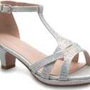 Olivia K Girl's Glitter Leatherette Open Toe Strappy Ankle T Strap Kitten Heel Sandal (Toddler/Little Girl) (2 Big Kid, Silver Rhinestone)