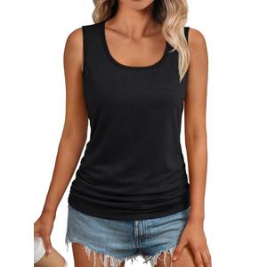 AUTOMET Womens Summer Tank Tops 2025 Sleeveless Square Round Neck Ruched Spring Casual Tee Shirts Basic Loose Fit Flowy Dressy Cute Beach Vacation Outfits Trendy Clothes Black S