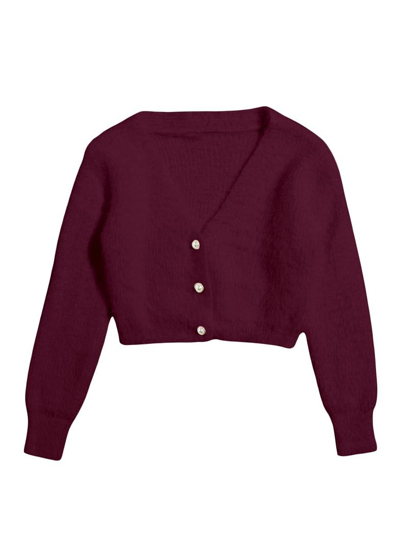 GORGLITTER Women's Cropped Cardigan Sweater Light Weight Fuzzy Old Money Button Up Chunky Long Sleeve Crop Cardigan Burgundy Large