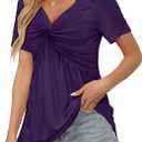 ONLYSHE Womens V Neck Shirts Short Sleeve Tops Front Knotted T Shirt Casual Solid&Floral Tunic Summer Henley Tees Blouse (S)