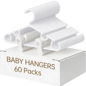 Nursery Baby Hangers with Clips, 20 Newborn Kids Plastic Clothes Hangers for Toddler Pants  with 40 Clips for Children's Clothes Packs(White,60 Packs) (60, White)