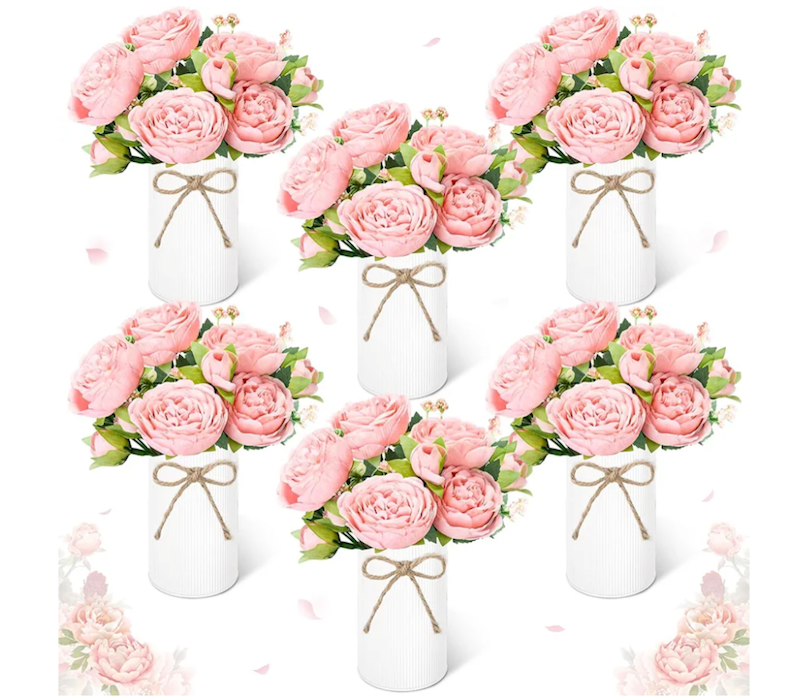Domensi 6 Sets Wedding Floral Centerpiece for Table Decor, Artificial Peonies Silk Flowers Bouquet with Flower Foam and Metal Vase Faux Floral Arrangement for Bridal Shower Tea Party (Light Pink)