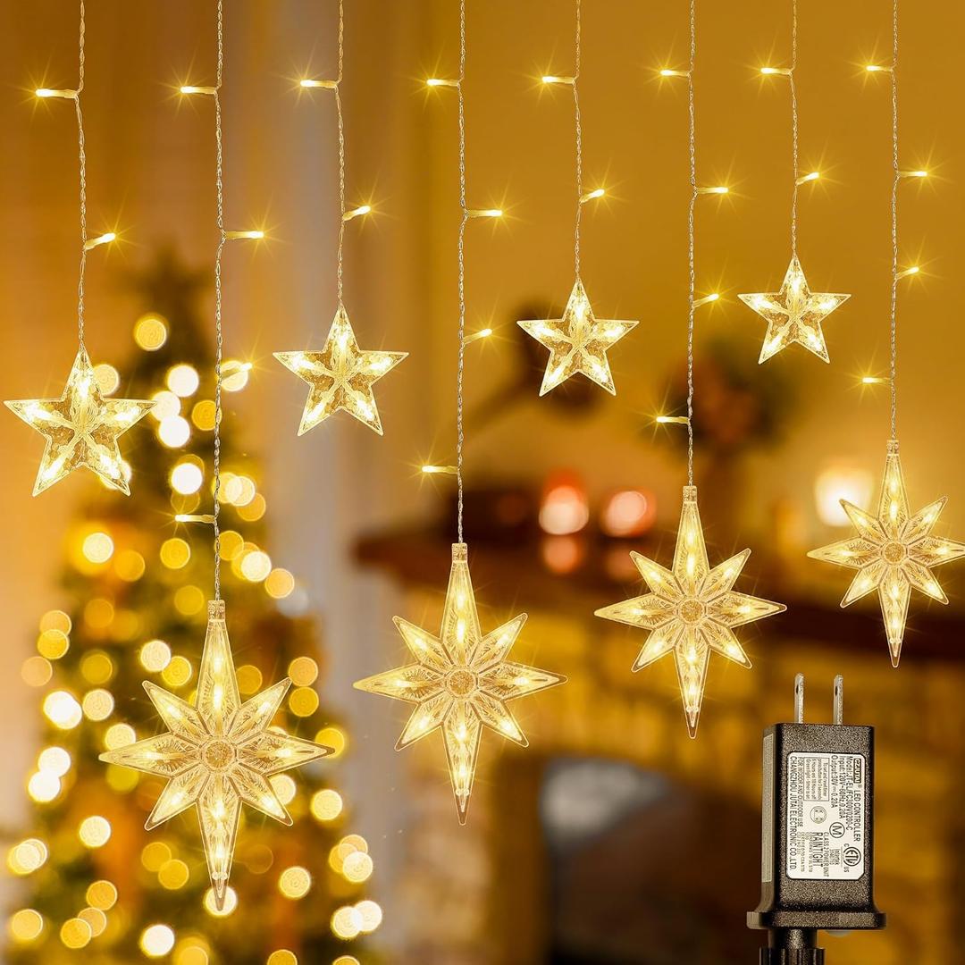 126 LED Star Icicle Lights,7.8ft Connectable Window Curtain Lights Plug in,8 Lighting Modes Timer Bethlehem Star Christmas Light for Indoor Outdoor,Bedroom,Wedding,Ramadan Decor,Warm White