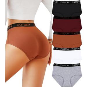 FINETOO Womens Underwear High Waisted Cotton Underwear for Women Soft Panties for Women Full Coverage Briefs 5 Pack (XX-Large, 5pack(black*1 White*1 Grey*1 Purple*1 Brick Yellow*1))