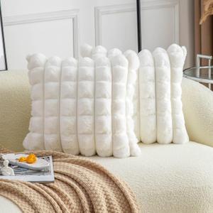 Neelvin Cream White Faux Fur Cozy Soft Plaid Decorative Throw Pillow Covers 18x18 inch Set of 2,Velvet Pillowcase Cushion Case for Sofa Couch