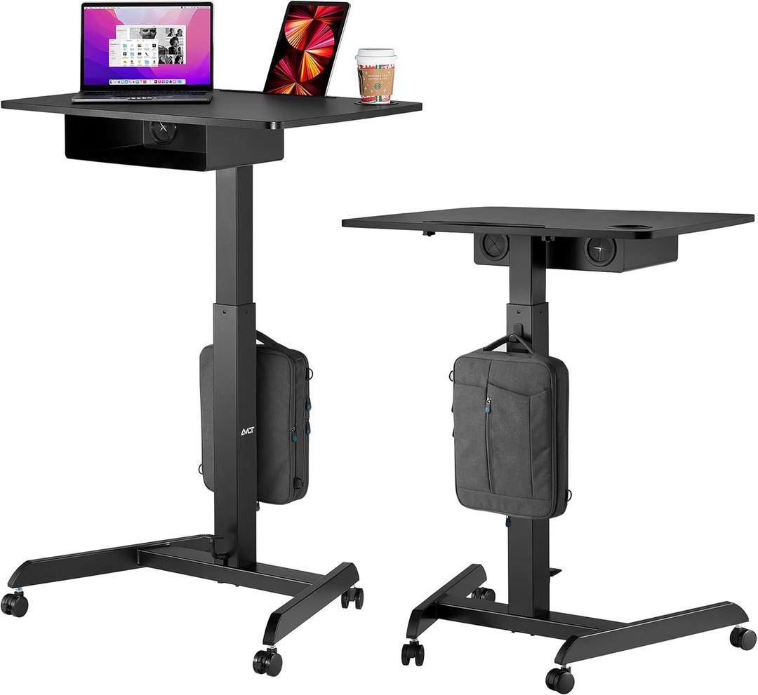 AVLT 44" Height Adjustable Foot Pedal Rolling Desk with Shelf (3 ft 8 inches) - Pneumatic Laptop Standing Desk Cart - Mobile Laptop Cart - Black Computer Projector Cart with Brake Casters