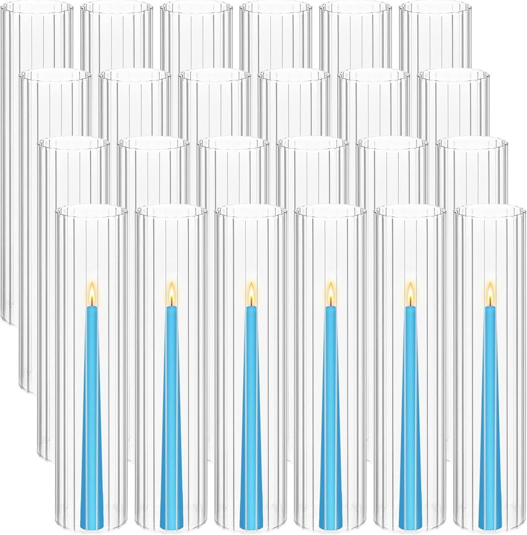 Hurricane Candle Holder Sleeve, Cylinder Candle Holders for Pillar Candles, D:3" H:16" Clear Ribbed Glass Candle Holder Set of 24, Open Ended Candle Shade for Centerpieces Wedding Table Decorations