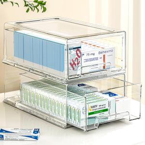 2 pack clear Drawer Plastic stackable Storage Box Bins OrganizerMedicine Container,Family First Aid Kits Medicine cabinet Box,Closet ShelfOintments, Adhesive BandagesCosmetics,Office Items