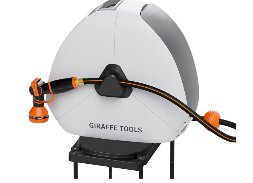 Giraffe Tools Retractable Heavy Duty Hose Reel, 1/2" x 130FT Automatic Rewind Garden Hose Reel with 360° Swivel Base, Ground Mounted for Lawn, Patio, Concrete Floor & Yard Watering