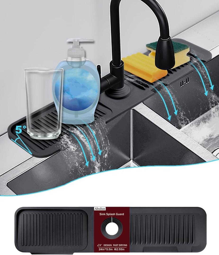 5slope kitchen sink splash guard-silicone faucet mat handle drip catcher tray-faucet splash guard for kitchen sink-longer black rubber sink water splash guard behind faucet (24in, Black)
