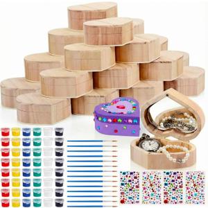 Kigley 12 Set/100 Pcs Unfinished Wooden Boxes for Crafts, 12 Heart Treasure Box with Mirror, 72 Paints, 12 Brushes, 4 Rhinestones Stickers for DIY Jewelry Keepsake Storage, Paint Party Favor