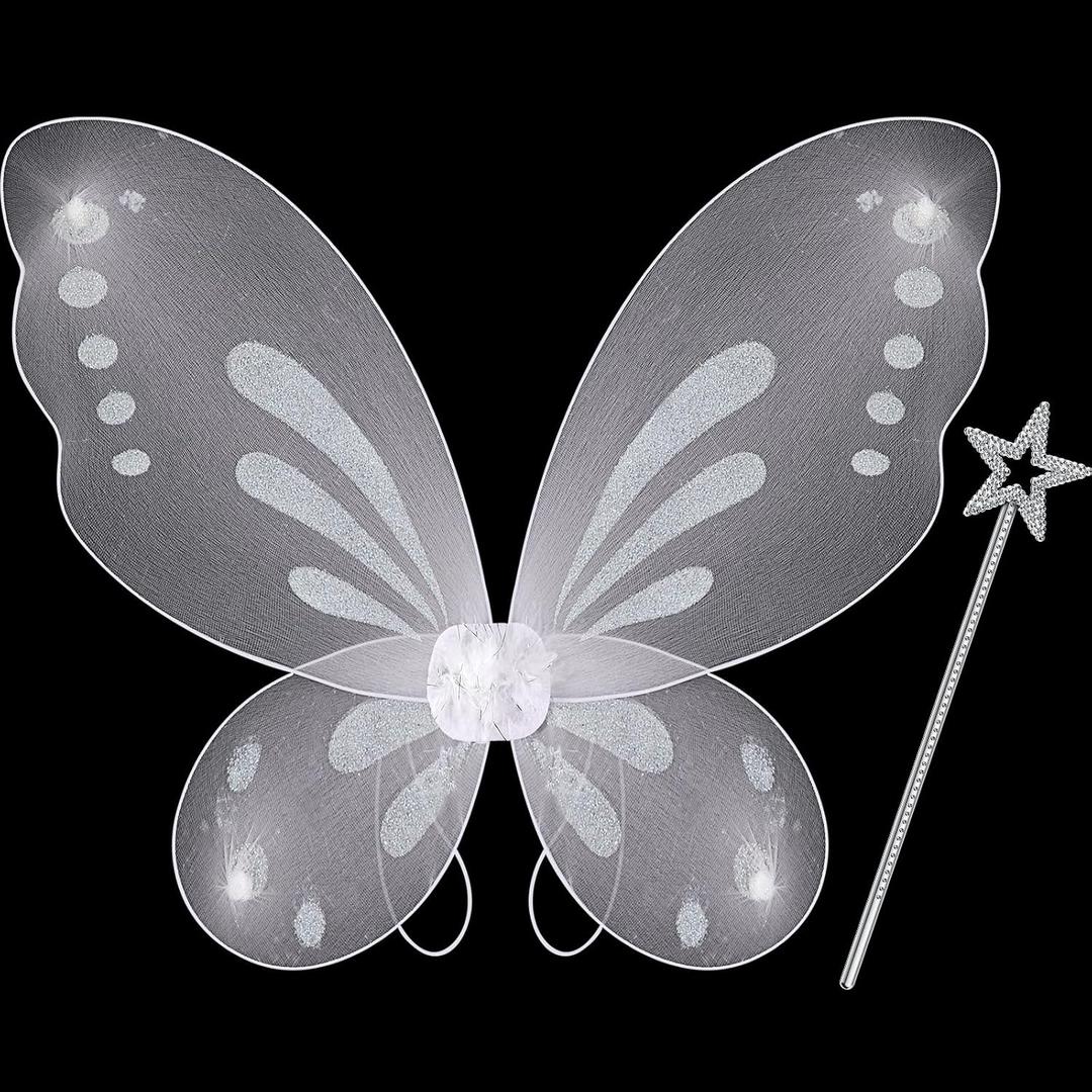 Sratte Fairy Princess Butterfly Wings Girls Kids Butterfly Costumes Set Star Wands Adults Christmas Birthday Party (White, Silver)