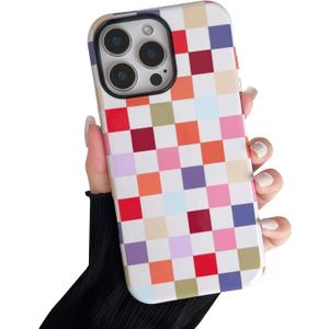 Compatible with iPhone 16 Pro Case, Cute Aesthetic Fashion Colorful Checkered Cover for Women, Shockproof Slim Soft TPU and Hard PC Protective Phone Case for iPhone 16 Pro 6.3"- Colorful