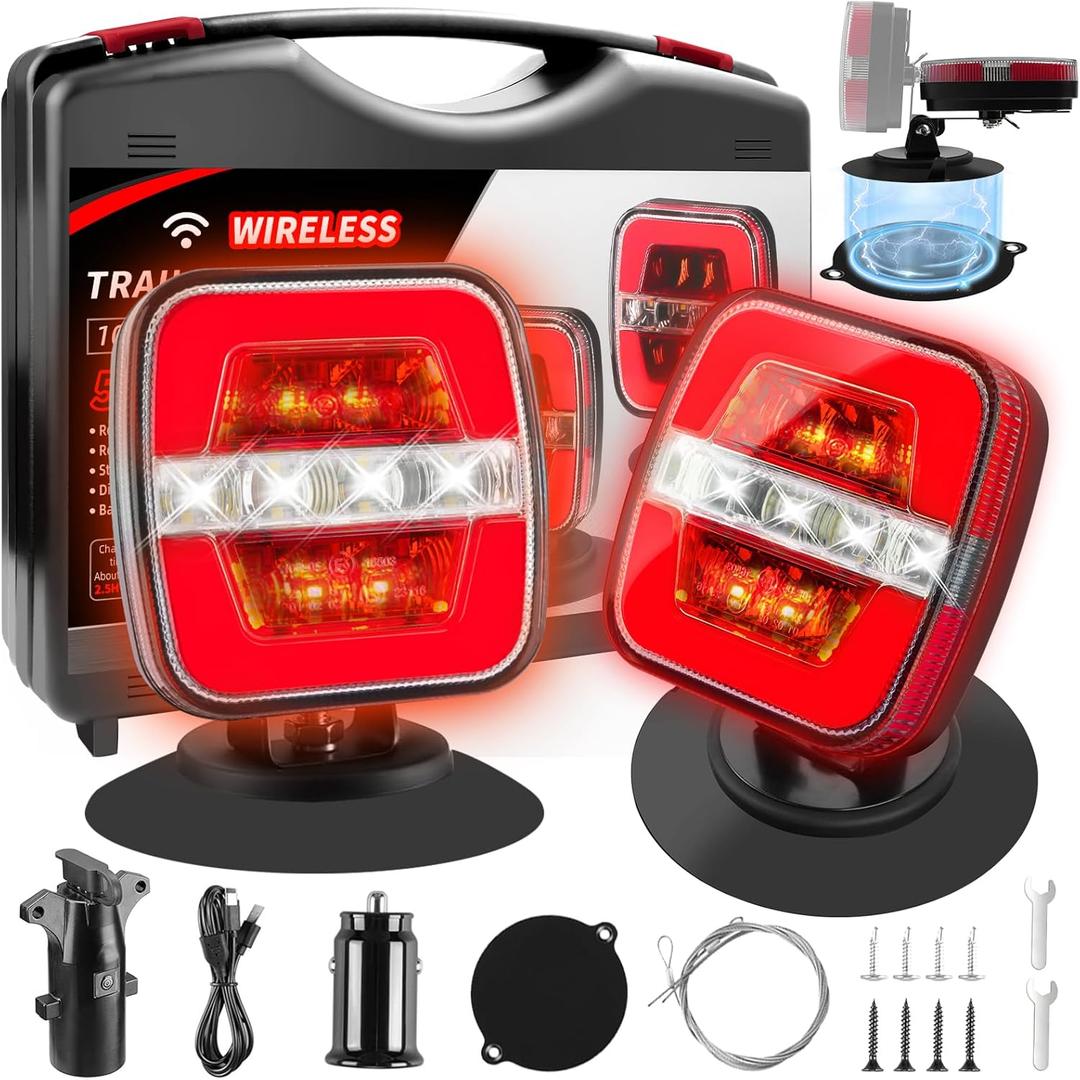 Upgraded Wireless Trailer Lights Magnetic, Rechargeable Tow Light Kit with Adjustable Mounting, LED Tail Brake Turn Reverse Lights, Type-C Charging, IP67 Waterproof for Truck, RV, Boat, Camper (4IN*4.25IN)