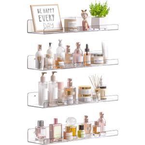 upsimples 4 Pack Acrylic Shelves for Wall Storage, 15" Floating Bookshelves for Kids, Display Shelf Organizer for Bathroom, Bedroom, Living Room, Kitchen, Room Decor, Clear