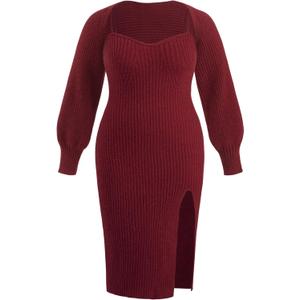 CIDER Plus Size 2 Piece Sweater Dresses for Women Long Sleeve Midi Dress Slit Winter Pullover Wedding Guest Outfits (4X, Red)