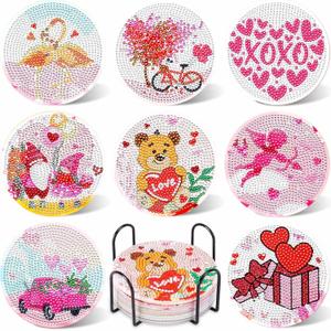 UPINS 8Pcs Valentine's Day Diamond Art Painting Coasters for Drinks DIY Life Coaster Diamond Art Kits for Adults Kids Beginners Diamond Art Craft Supplies