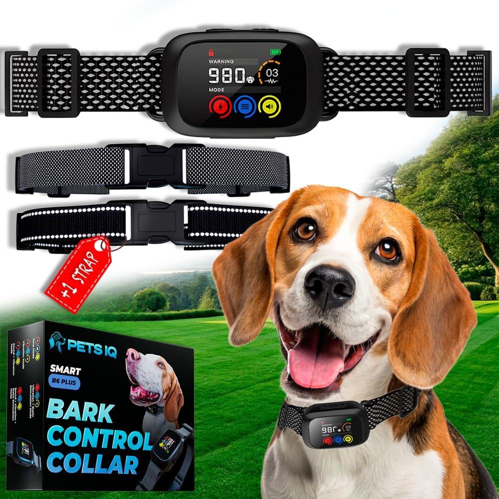 PETS IQ 2024 Automatic Bark Collar Best Effective Rechargeable Dog Training for Small 5-15lbs, Medium, Large Dogs, Vibro, Shock, IPX7 Waterproof, Anti/ No Barking (Black/ Silver)