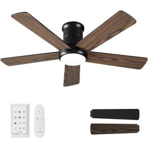 42 Inch Low Profile Ceiling Fan with Light, Black Ceiling Fans with Lights and Remote, Flush Mount, 6 Speeds Reversible Quiet DC, 3CCT Dimmable, Indoor Outdoor Ceiling Fans for Patios Bedroom