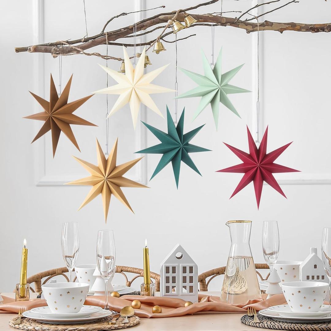 ReliThick 6 Pcs Neutral Star Paper Lanterns 12 Inch 7 Pointed Christmas Hanging Stars Ornaments 3D Paper Lanterns Lampshade Christmas Party Wedding Birthday Home Decor (Morandi Colors)