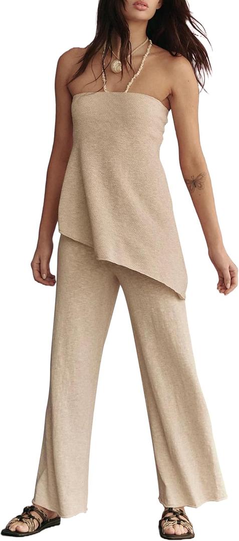 TERIVEEK Summer Knit Sweater Sets for Women 2 Piece Vacation Outfits Strapless Tube Top and Pants Sets Matching Lounge Set (Beige, L)