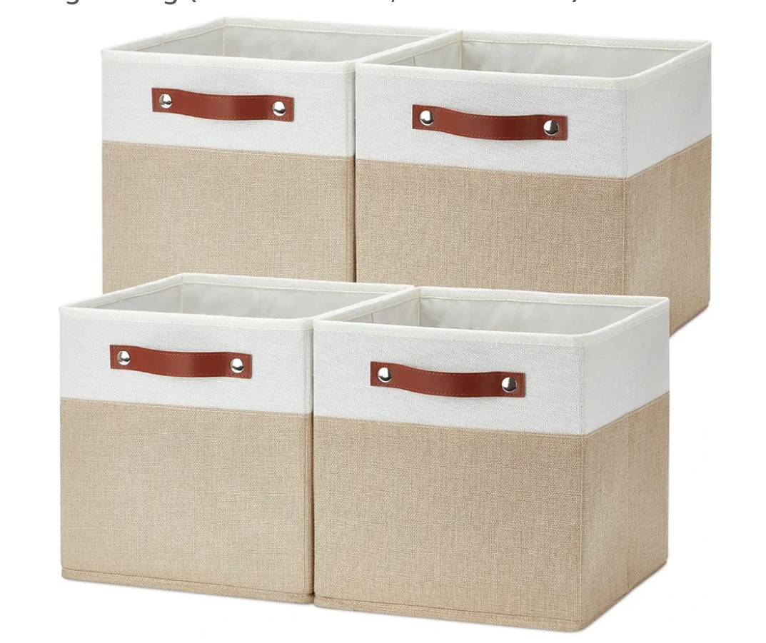 Temary Fabric Storage Cubes Bins, 11 inch Cube Storage Baskets, Foldable Cube Bins Set with Handles, Decorative Storage Boxes for Home Organizing (White & Khaki, 11 x 11 x 11)