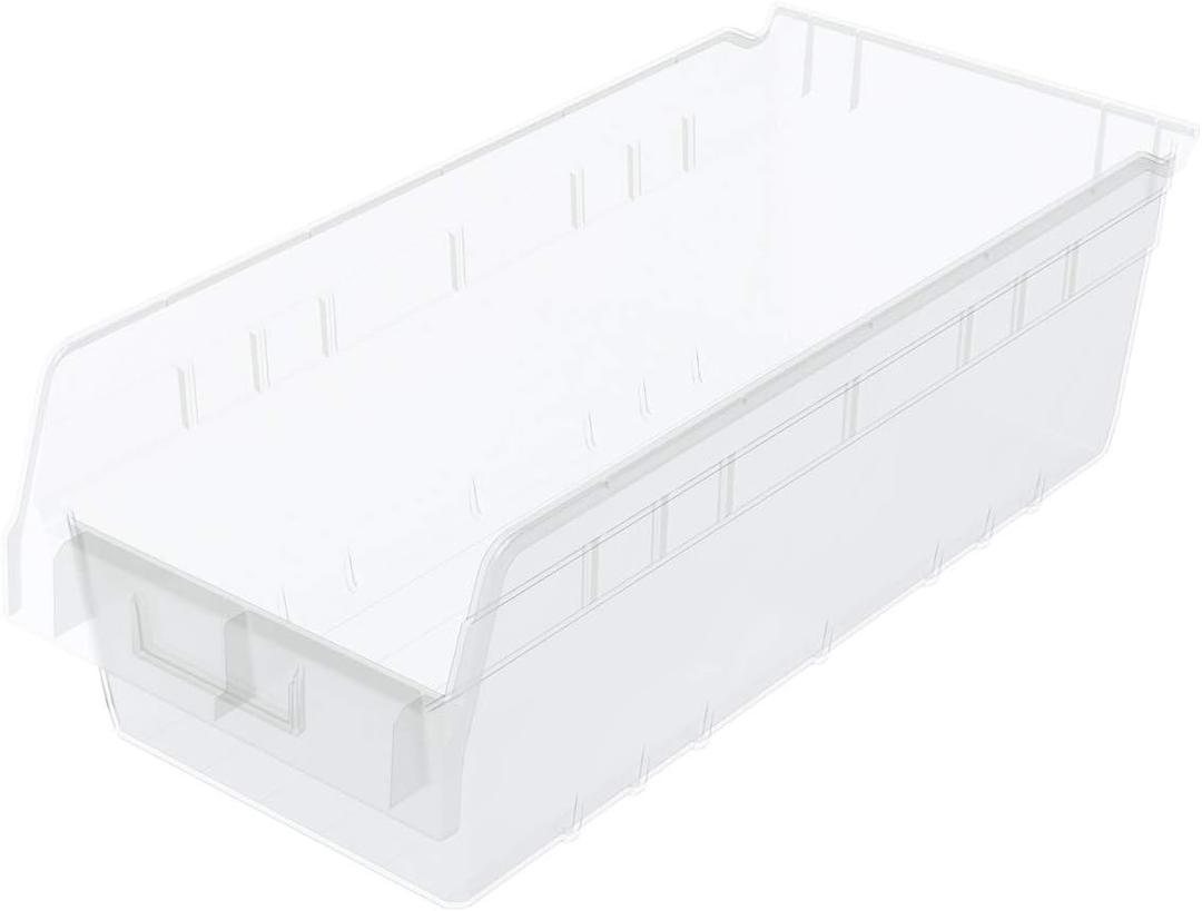 Akro-Mils 30088 Plastic Nesting ShelfMax Storage Bin Box, (18-Inch x 8-Inch x 6-Inch), Clear, (8-Pack)