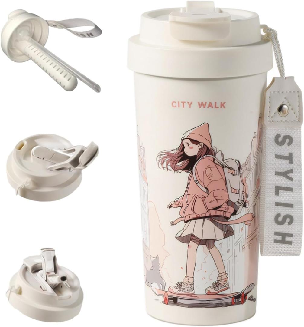 Ceramic Coffee Travel Mug with Lid and Straw, Pure Ceramic Liner not Coated, Insulated Coffee Mug, Leak Proof Tumbler, Cute Coffee Cup for Office Camping-19oz (Girl skater)