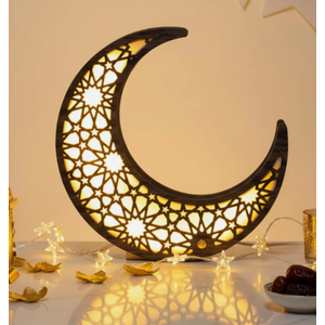Yookeer Crescent Moon Lamp Wooden Eid Table Night Light Decor