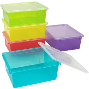 Storex Deep Storage Tray with Lid, Letter Size, 10 x 13 x 5 Inches, Assorted Tints, 5-Pack