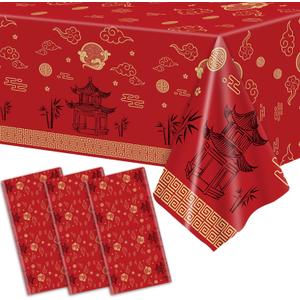 party greeting Hibachi Table Covers 3 Pack Japanese Disposable Plastic Tablecloth 54x108 Inch Chinese Decorations Cultural Tableware Spring Festival Plastic Table Cover for New Year Asian PartyRed