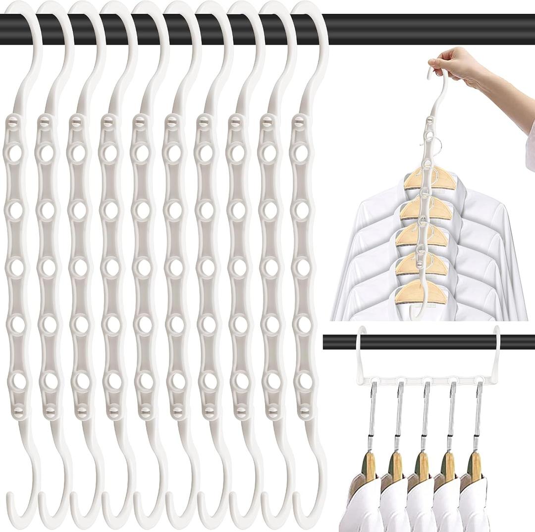 DUCOO Space Saving Hangers 10 Pack, Heavy Duty Magic Cascading Hanger Organizer with 5 Enclosed Anti-Slip Holes, Closet Organizers and Storage for Clothes, College Dorm Room Essentials, White, 9.4"L X 0.8"W X 4.0"H X 0.32"T X 2" Hook