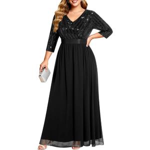 Womens Plus Size Formal Dresses - V Neck 3/4 Sleeve Sequin Prom Evening Gowns Long Maxi Dress (Black)