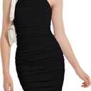 EXARUS Girls Bodycon Dresses Ruched Sleeveless Halter Mini Tight Pencil Dress Birthday Dance Ribbed Black 8Y