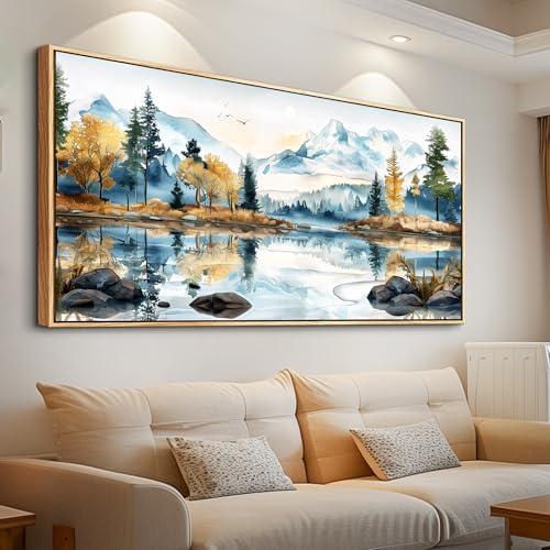 ERQINHUA Large Canvas Wood Framed Abstract Wall Art Living Room Wall Decor for Bedroom Office Decoration Watercolour Paint Tree Lakeside Landscapes Picture Artwork Home Decor Ready to Hang, 30x60 In