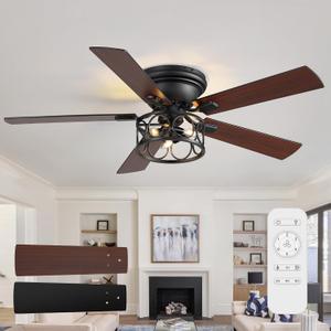 52 Inch Farmhouse Rustic Ceiling Fans with Lights, Black Industrial Ceiling Fan with Wood Finish Blades, Reversible DC Motor, Flush Mount Caged Ceiling Fan for Bedroom, Living Rooms, Dining Room, Medium