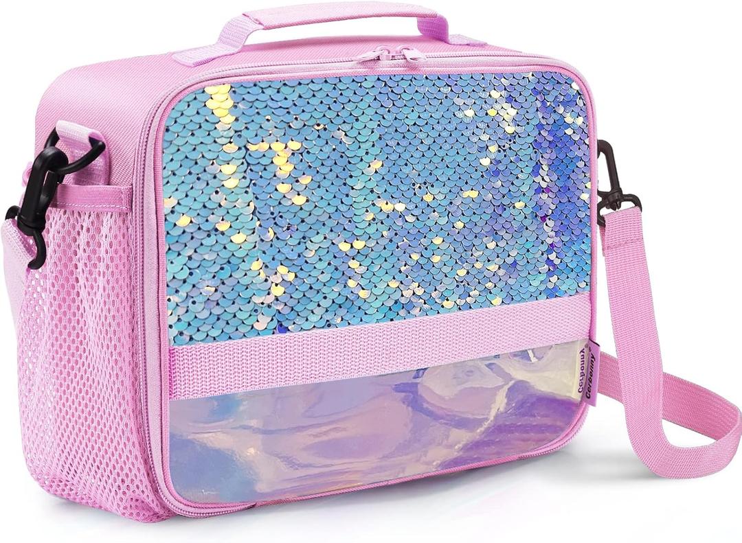Kids Lunch Box Insulated Kids Lunch Bag,Lunch Box for Girls with Strap and Bottle Holder,Lunch Box for Kids, Toddler Lunch Box with Zipper-Pockets,Girls lunch box Keep Food Cold&Warm for Long Time (glitter pink)