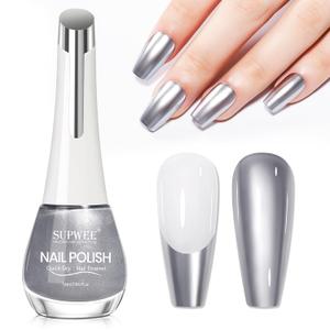 Silver Metallic Nail Polish Quick Dry Mirror Nail Polish Non Gel High Glossy Nail Lacquer Air Dry Chrome Nails Polishes Oil-based Holo Fingernail and Toenail