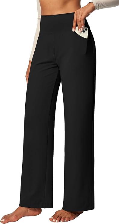 IUGA Wide Leg Yoga Dress Pants for Women with Pockets Stretch Work Pants Women High Waisted Business Casual Trousers Slacks, M