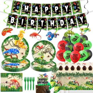 Reptile Birthday Party Decorations - 120PCS Snake Party Decorations for 20 Guests with Banner, Balloons, Hanging Swirls, Plates, Napkins, Forks, Tablecloths, Cake Topper, Cupcake Toppers