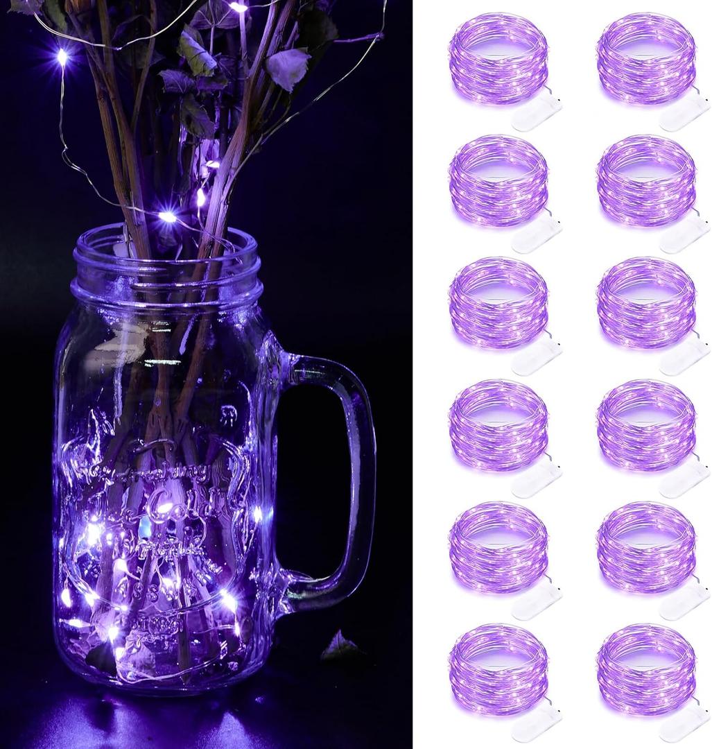12 Pack Fairy Lights Battery Operated String Light7FT 20LED Waterproof Silver Wire Christmas Lights Outdoor,Firefly Mini Light for Bedroom Party Birthday Wedding Indoor Decorations Home Decor (Purple)