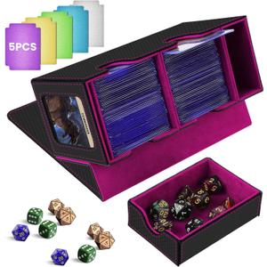 MTG Deck Box with Commander Display,Holds 300+ Single-Sleeved Cards,Double Deck Case for TCG/CCG,Fits 90+ Top Loader Sleeves,Includes Dice Tray,5 Dividers & 1 Hard Sleeve (Black & Purple)