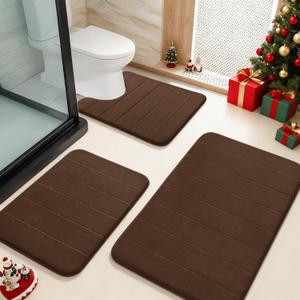 Yimobra Memory Foam Bath Mat Set 3 Pieces- Super Soft Absorbent Quick Dry Bathroom Rug Sets, Machine Washable Non Slip Floor Carpet for Tub Shower, Vanity & Toilet Base, Brown (31.5''x20'' +17''x24'' + 24''x20'')