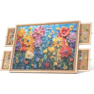1000 Pieces Assembly Required Rotating Puzzle Board with 4 Drawers, Lazy Susan & Transparent Cover, 28.7"x20.9" Portable Wooden Jigsaw Puzzle Table, Great Gift for for Puzzle Enthusiasts
