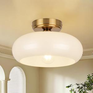 Flush Mount Ceiling Light Fixture, 11'' Mid-Century Gold with White Milk Glass Shade, Modern Farmhouse Lighting for Kitchen, Hallway, Bedroom, Foyer, Laundry Room, Schoolhouse