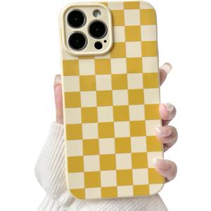 NITITOP Compatible with iPhone 13 Pro Max Case Cute Aesthetic Checkerboard Checkered Pattern for Women Girl Trendy Slim Fit TPU Silicone Shockproof Full Camera Protection Cover - Yellow